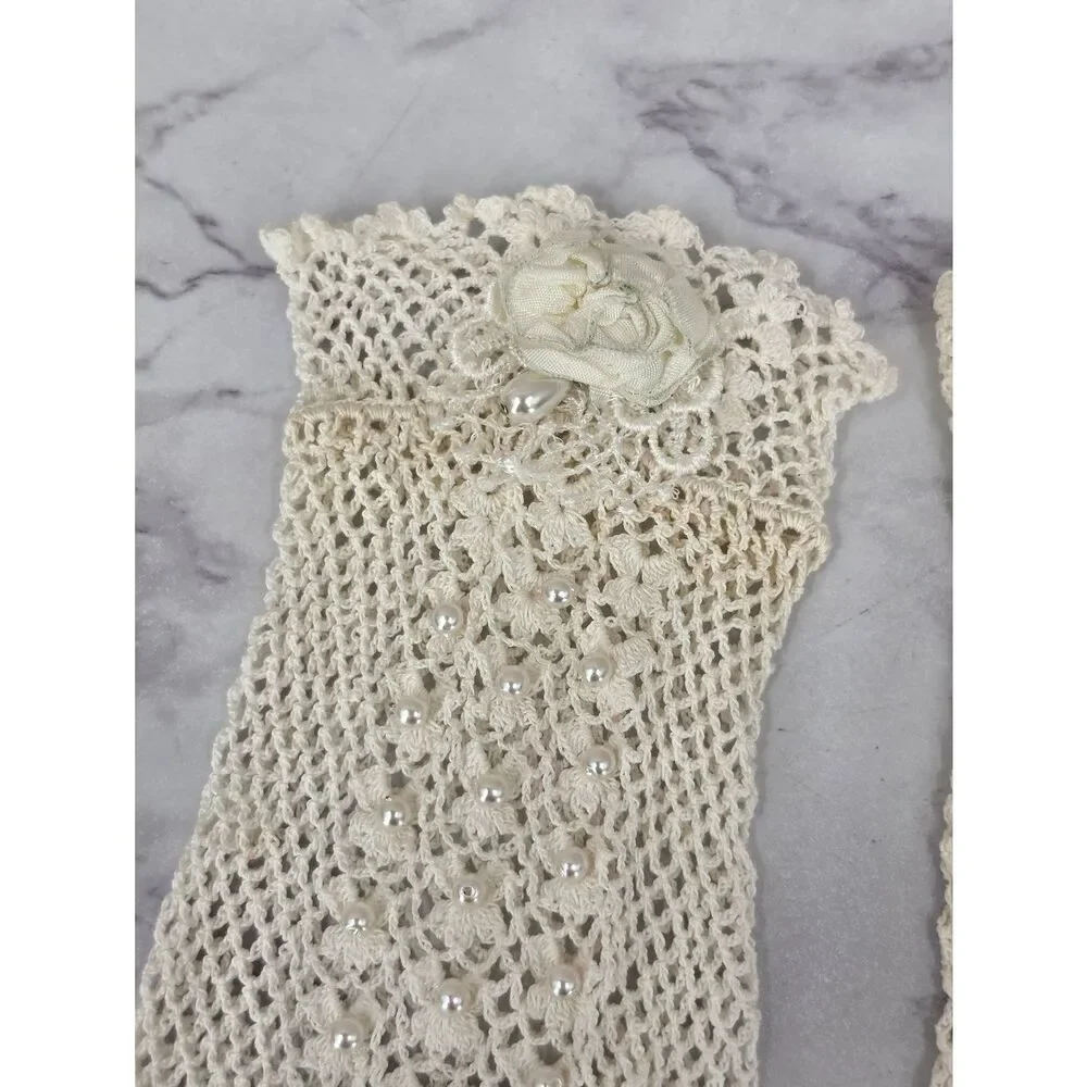 Vintage Crochet Lace Gloves Beaded with Rose Accent See Through